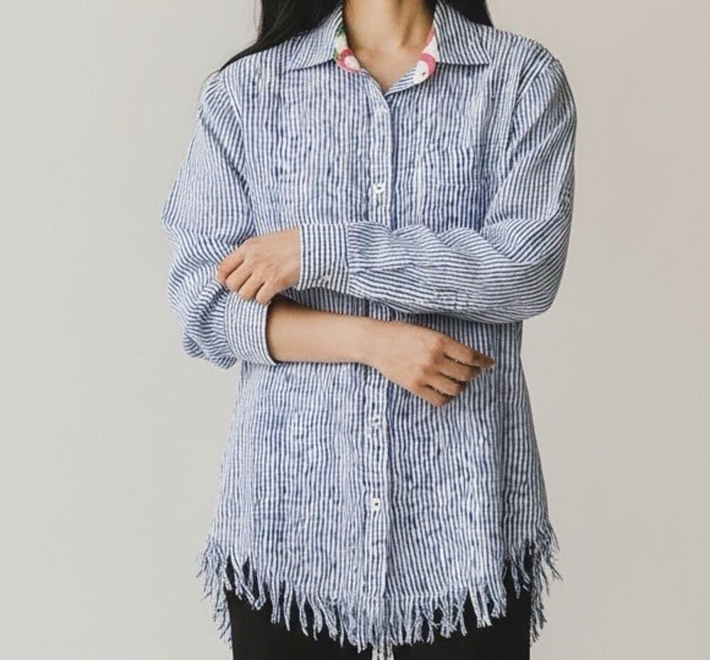 Tizzie Sun Valley Fringe Hem Button Up Tunic Shirt XS Blue Stripe Cotton Coastal